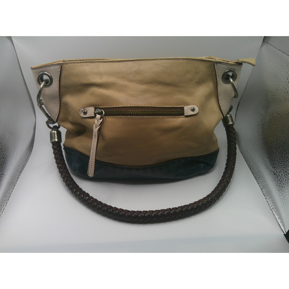 The Sak Leather Shoulder Bag Tan Navy Colorblock Braided Strap Boho Hobo